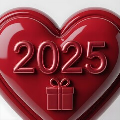 Shiny red heart with 2025 year and gift box symbol for valentine s day or new year celebrations