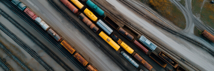 An overhead view showcasing a variety of colorful freight cars in a rail yard, representing the logistics of transportation and the artistry in industrial patterns and colors.