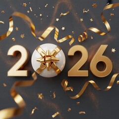 Golden 2026 numbers with a gift box and falling confetti for new year s eve celebration