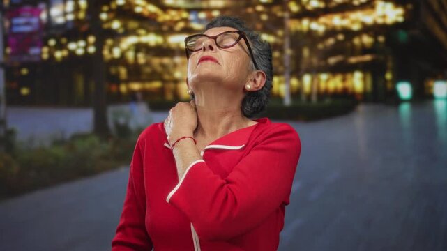 Senior woman with grey hair in glasses wearing a red sweater and pearl earrings rubs her neck painfully while standing outside in a city street illuminated by bright urban lights.