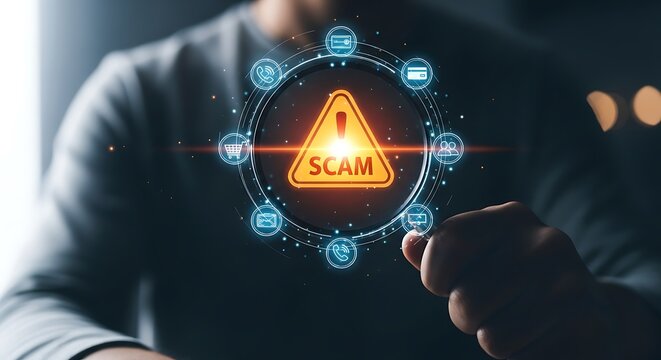 Person holding digital scam alert with online shopping icons around - Powered by Adobe