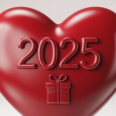 Shiny red heart with 2025 year and gift box symbol for new year celebration and love