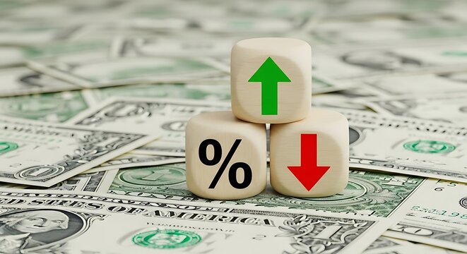 Interest rate concept with wooden blocks and dollar bills background - Powered by Adobe