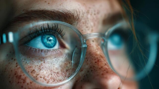 Close-up of blue-eyed female with freckles and glasses