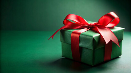 A green gift box with a red ribbon sits on a matching green surface