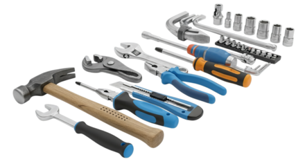 Essential home improvement toolkit: hammer, wrenches, pliers, screwdrivers, and socket set for diverse tasks.