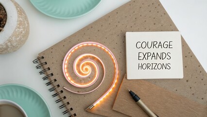 Glowing spiral light edge on desk with inspirational words