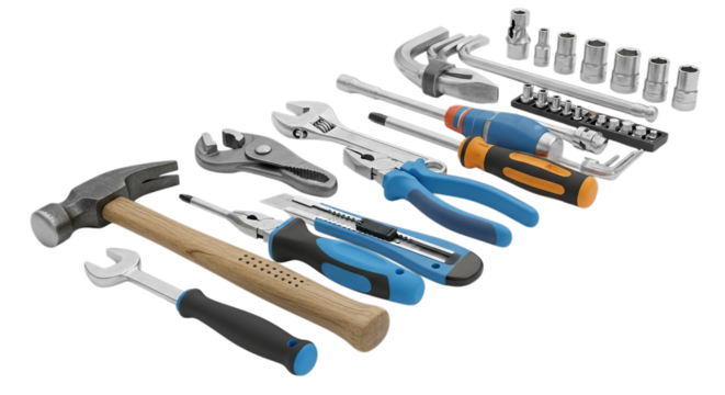 Essential home improvement toolkit: hammer, wrenches, pliers, screwdrivers, and socket set for diverse tasks.