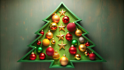 Title: Festive christmas tree decoration with ornaments in green frame background