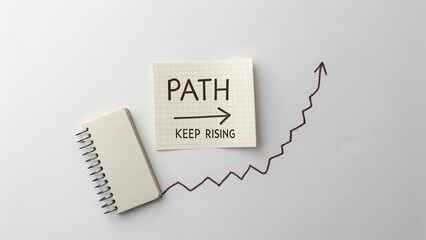 Path concept with upward arrow and notebook on white surface