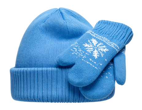 Minimalist Blue Knit Hat and Mittens — Transparent PNG