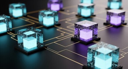 Arrangement of luminous crystal cube on dark surface, connected with gold lines, showing network concept, modern tech, data, or system infrastructure