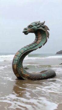 Majestic Sea Serpent Statue on a Sandy Beach with Ocean Waves.