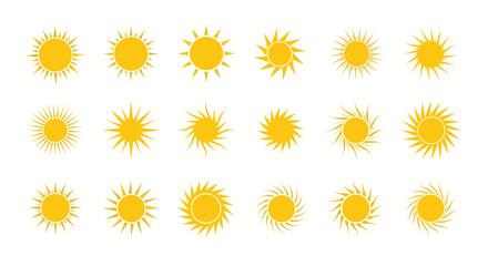 Collection of vibrant yellow sun icons in a flat design style, perfect for logos, weather applications, and graphic design elements. This set features diverse sun star shapes and bright natural