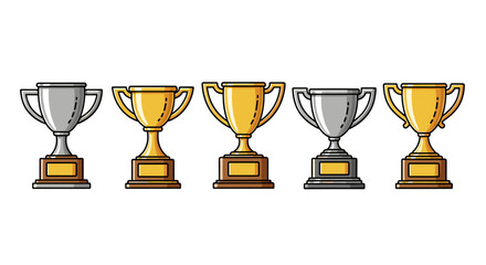 A vibrant vector illustration showcases a line of five distinct trophies, featuring two silver and three gold awards, each with a wooden base and a blank golden plaque, presented on a clean white