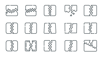 Set of 15 line icons representing broken boxes, symbolizing damage, destruction, or separation. These versatile icons are perfect for web design, print materials, and digital applications, conveying
