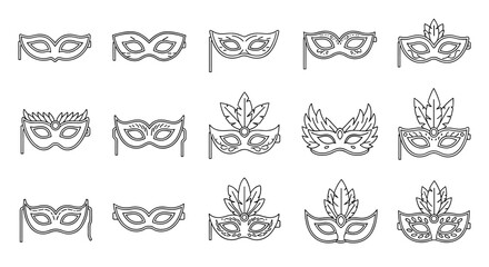 Collection of simple linear outline carnival masks, editable stroke, suitable for websites, books, cards, and apps, vector cartoon illustration with a festive and mysterious feel, perfect for