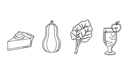 Outline icon set of seasonal menu ingredients, featuring a slice of pumpkin pie with whipped cream, a butternut squash, a bunch of kale, and a glass of apple cider garnished with an apple slice