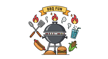 Vibrant and playful illustration of BBQ fun, featuring a classic charcoal grill with sizzling sausages, a hot dog, a juicy burger, corn on the cob, and a refreshing drink, surrounded by flames and