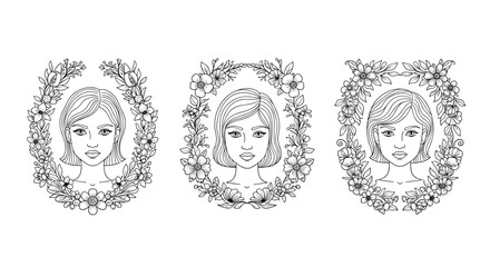 Set of three elegant line art illustrations featuring diverse female faces framed by delicate floral wreaths, presented on a clean white background, perfect for beauty, fashion, and lifestyle themes.