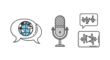 Set of simple outline icons representing global communication and podcasting, featuring a speech bubble with a stylized Earth, a classic microphone on a stand, and audio waveform visualizations in