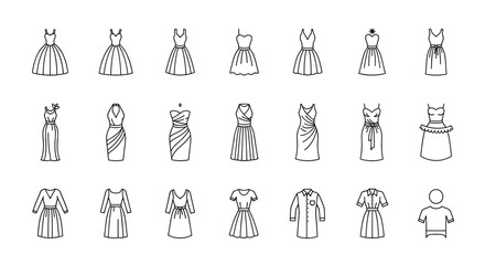 Collection of elegant dress illustrations in a thin line art style, perfect for apps, websites, banners, and infographics, showcasing various styles from ballgowns to casual dresses, rendered in a