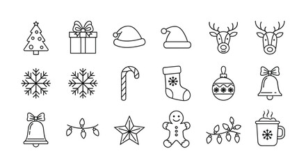 A collection of festive Christmas line icons presented on a clean white background, featuring classic holiday symbols like a Christmas tree, gift box, Santa hats, reindeer, snowflakes, candy cane