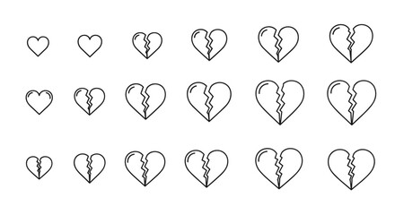 Collection of broken heart outline linear symbols in various sizes, perfect for graphic and web design, apps, adverts, and various cards. This vector cartoon illustration on a white background