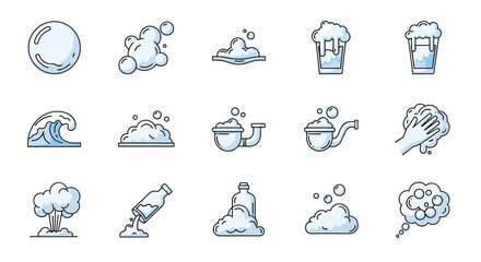 Collection of line art icons representing bubbles and foam, perfect for web, apps, and infographics. Includes a single bubble, clusters of bubbles, foamy waves, beer foam, pipe foam, hand washing