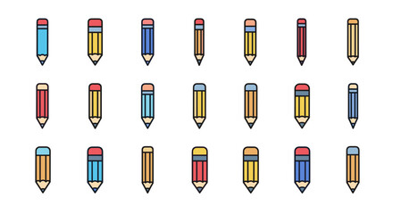 Collection of Vivid, Filled Color Icons of Pencils, Minimalistic Linear Pictograms for Web and Graphic Design, Apps, Banners, Social Networks, and Cards, Vector Illustration with Multiple Color