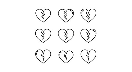 Collection of nine simple outline broken heart icons, presented in a 3x3 grid on a clean white background, perfect for graphic design, web development, app interfaces, advertising materials, and