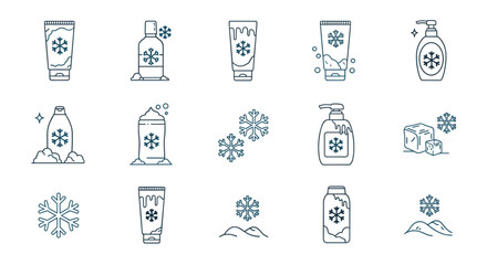 Collection of minimalistic line art icons representing winter skincare and cosmetic products, featuring snowflakes, ice cubes, and frosty textures, perfect for web, graphic design, apps, banners, and