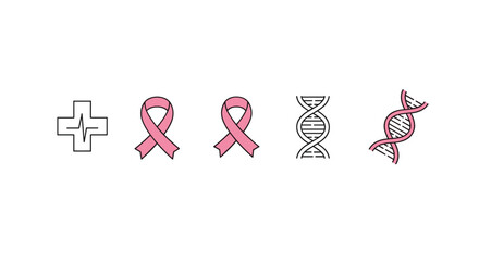 Collection of medical symbols including a cross with a heartbeat line, two pink breast cancer awareness ribbons, and two DNA helix icons, one outlined and one in pink, perfect for apps, websites