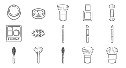 Collection of cosmetic brushes and makeup items in outline style, including powder compacts, eyeshadow palette, eye icon, nail polish bottle, and various brush types like powder, fan, and mascara