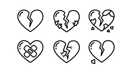 Set of six modern outline style icons representing broken hearts, symbolizing heartbreak, sadness, and emotional pain. Includes cracked hearts, a heart with band-aids, and fragmented hearts, perfect