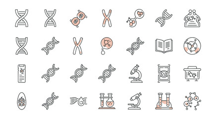 Set of thin line icons representing DNA, chromosomes, cells, molecules, microscopes, and scientific research, suitable for web, books, cards, and apps. Editable stroke vector cartoon illustration on