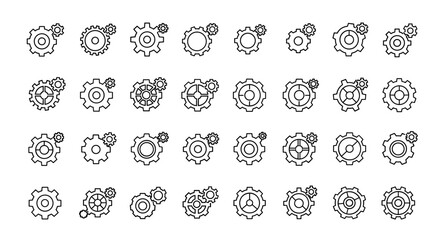 Collection of simple gear and cogwheel icons with editable strokes, perfect for infographics, articles, books, flyers, and banners, representing mechanisms, industry, and technology in a clean vector