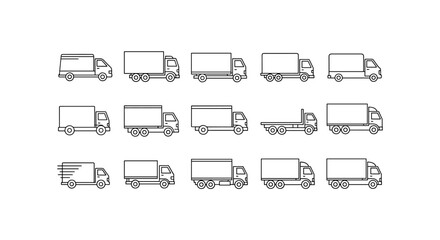 Collection of thin line icons representing various delivery trucks, including box trucks, flatbeds, and articulated lorries, perfect for web, apps, and print design, rendered as editable stroke