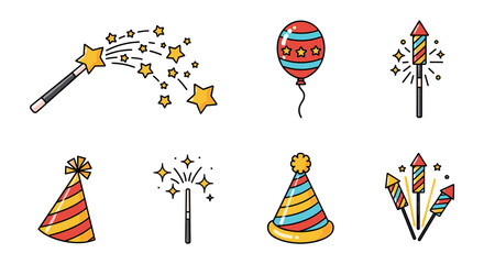 Vibrant Celebration Icon Bundle: Featuring a Magic Wand with Sparkling Stars, a Festive Balloon, a Colorful Holiday Hat, and Dynamic Fireworks, Perfect for Designing Cards, Social Media Posts, and