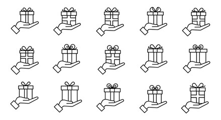 Collection of simple, linear outline icons depicting hands holding gift boxes with bows, perfect for web, books, cards, and apps, representing generosity, surprise, and celebration with editable