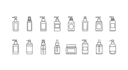 Collection of minimalistic linear icons representing cosmetic bottles and containers, including pump dispensers, spray bottles, dropper bottles, and jars, perfect for web and graphic design, apps