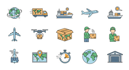 Global Delivery Icons: A vibrant collection of minimalistic, thin-line vector illustrations representing various aspects of worldwide logistics, including trucks, ships, airplanes, drones, delivery