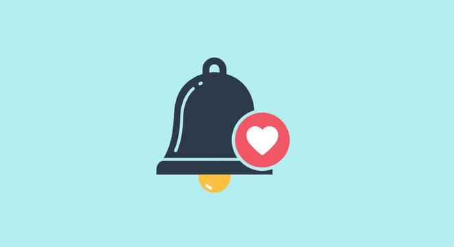A striking, modern vector illustration of a dark grey notification bell icon, featuring a vibrant red circle with a white heart symbol, signifying likes or favorites, set against a clean, light blue