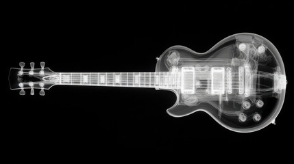 X-ray view of electric guitar showing internal structure and transparent mechanical details on black background