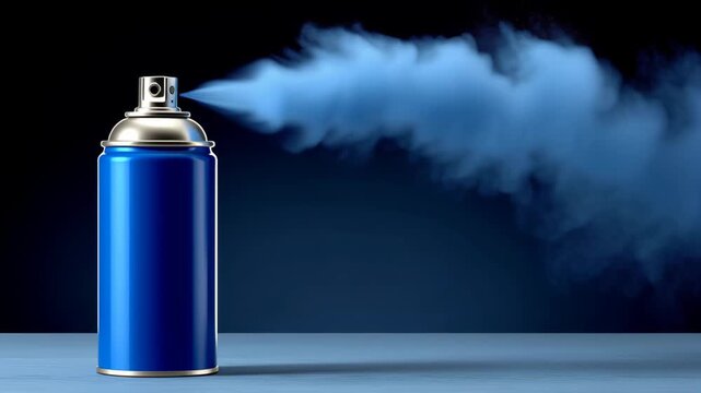 Blue spray can releasing vibrant mist, showcasing dynamic aerosol dispersion, with gradual zoom in on the canister, emphasizing the fluid motion and captivating visual effects of the spray