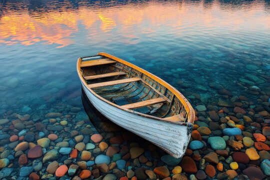 Tranquil scene of a weathered rowboat resting gently on a bed of colorful pebbles, bathed in the soft glow of a serene sunset reflected in the crystal-clear lake water.