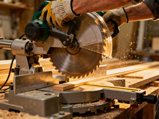 Close up on strong capable male hands in work gloves carefully lowering compound miter saw onto wooden trim with sawdust particles floating in air and sharp focus on hands and spinning blade.