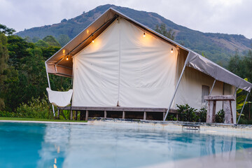 Luxury glamping tent with pool and mountain view in Kintamani, Indonesia