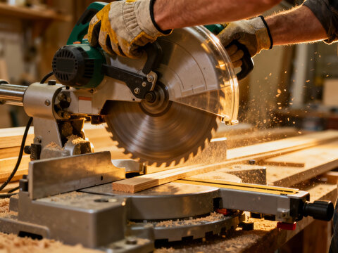 Close up on strong capable male hands in work gloves carefully lowering compound miter saw onto wooden trim with sawdust particles floating in air and sharp focus on hands and spinning blade. - Powered by Adobe