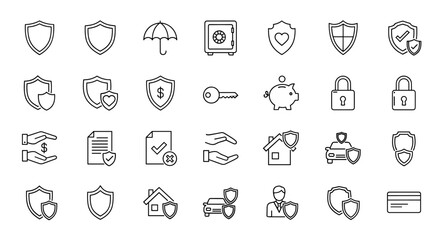 Collection of Shield and Insurance Related Line Icons: A comprehensive set of outline signs for graphic and web design, apps, adverts, and various cards, featuring elements like shields, umbrellas